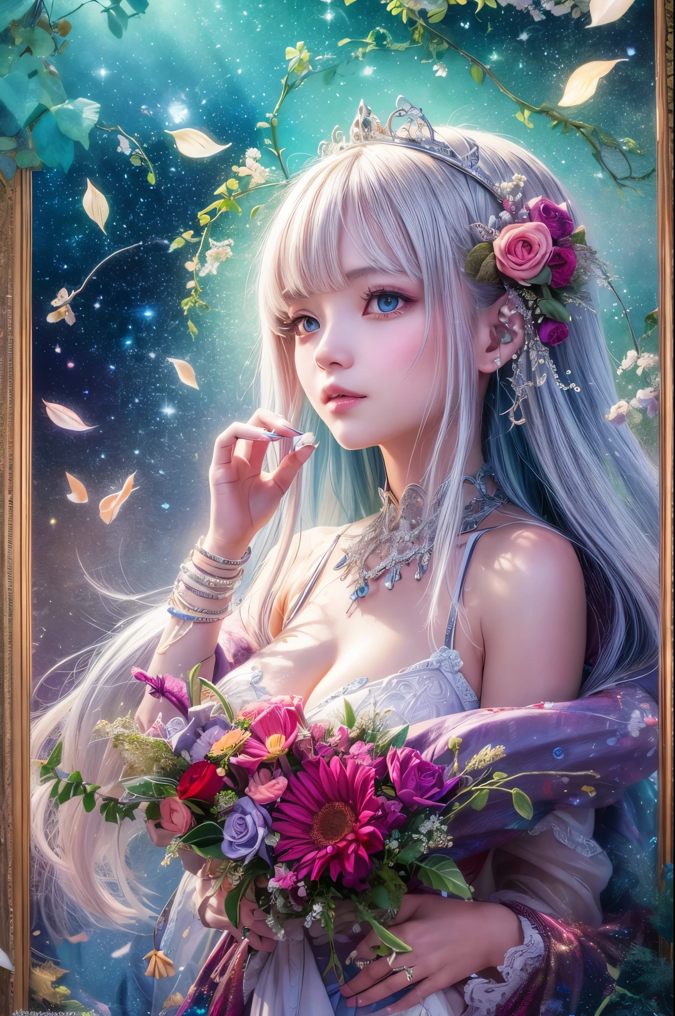 A captivating anime girl gracefully emerges from the pages of a watercolor painting, her vibrant and intricate colors breathing life into the artwork. She wears extraordinary fantasy costumes,Decorated with exquisite details, reflecting the enchanting world she inhabits. Luminescent elements, like glowing crystals and ethereal wisps, surround her, casting a soft, otherworldly glow. The watercolor style imbues the image with a sense of fluidity and delicacy, as if the colors are effortlessly blending and bleeding into one another. Camera shot: Medium Shot, Camera lens: softfocus, Lighting: luminescent glow, watercolor brushstrokes,