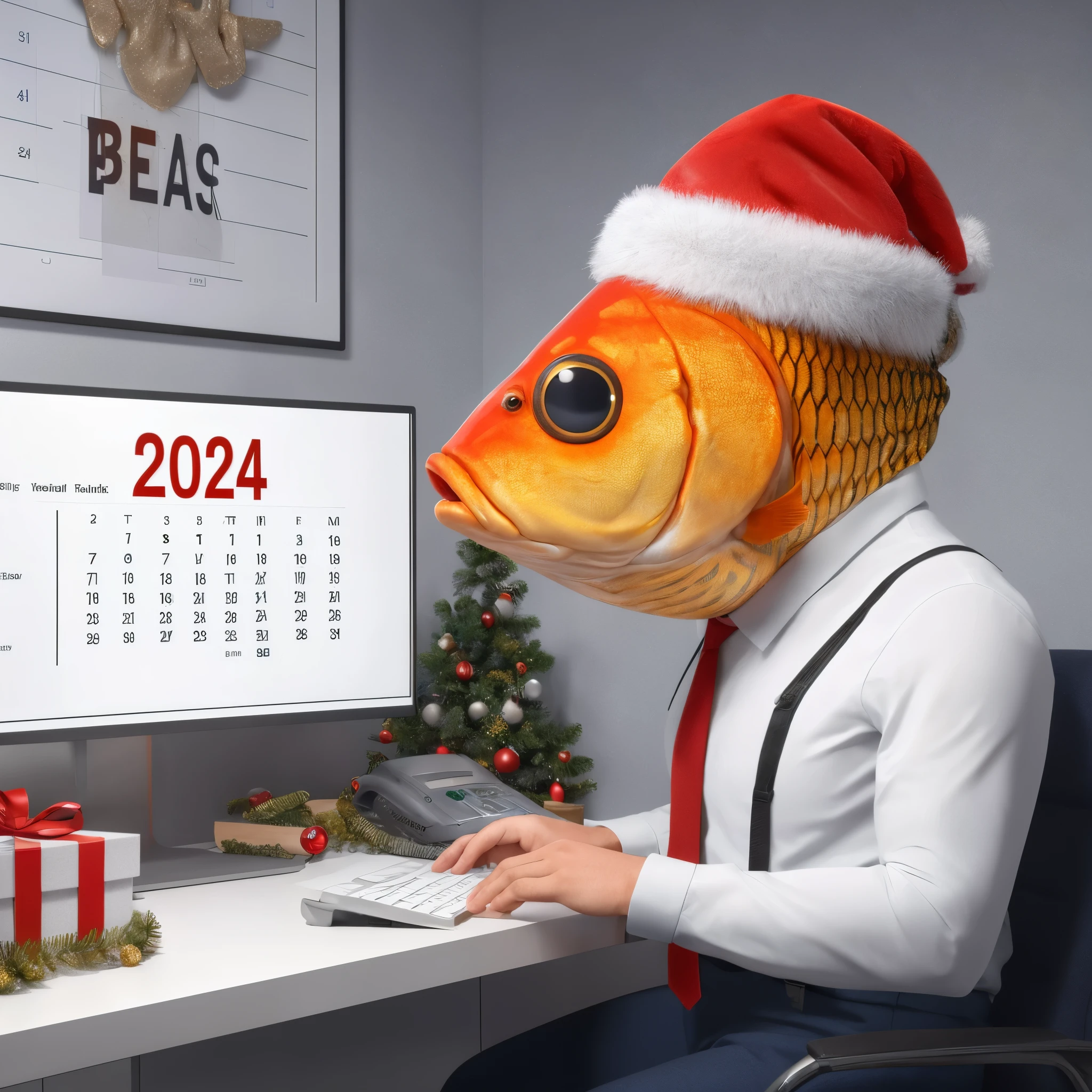 Dressed up fish - bank employee sitting at a computer terminal, large date on the calendar: '2024', festive New Year setting, anatomically correct, full frame, studio lighting, photorealistic, octane render, smooth, sharp focus, super quality, stunning New Year illustration