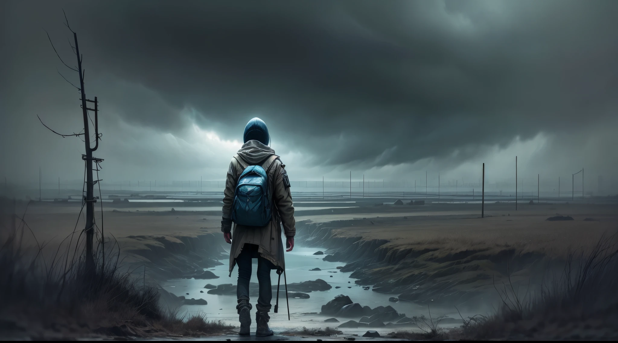 Lonely girl, teddy bear, nuclear wasteland, plants regaining territory, desolation, eerie atmosphere, (dark and moody:1.4), (loneliness:1.3), (post-apocalyptic:1.2).