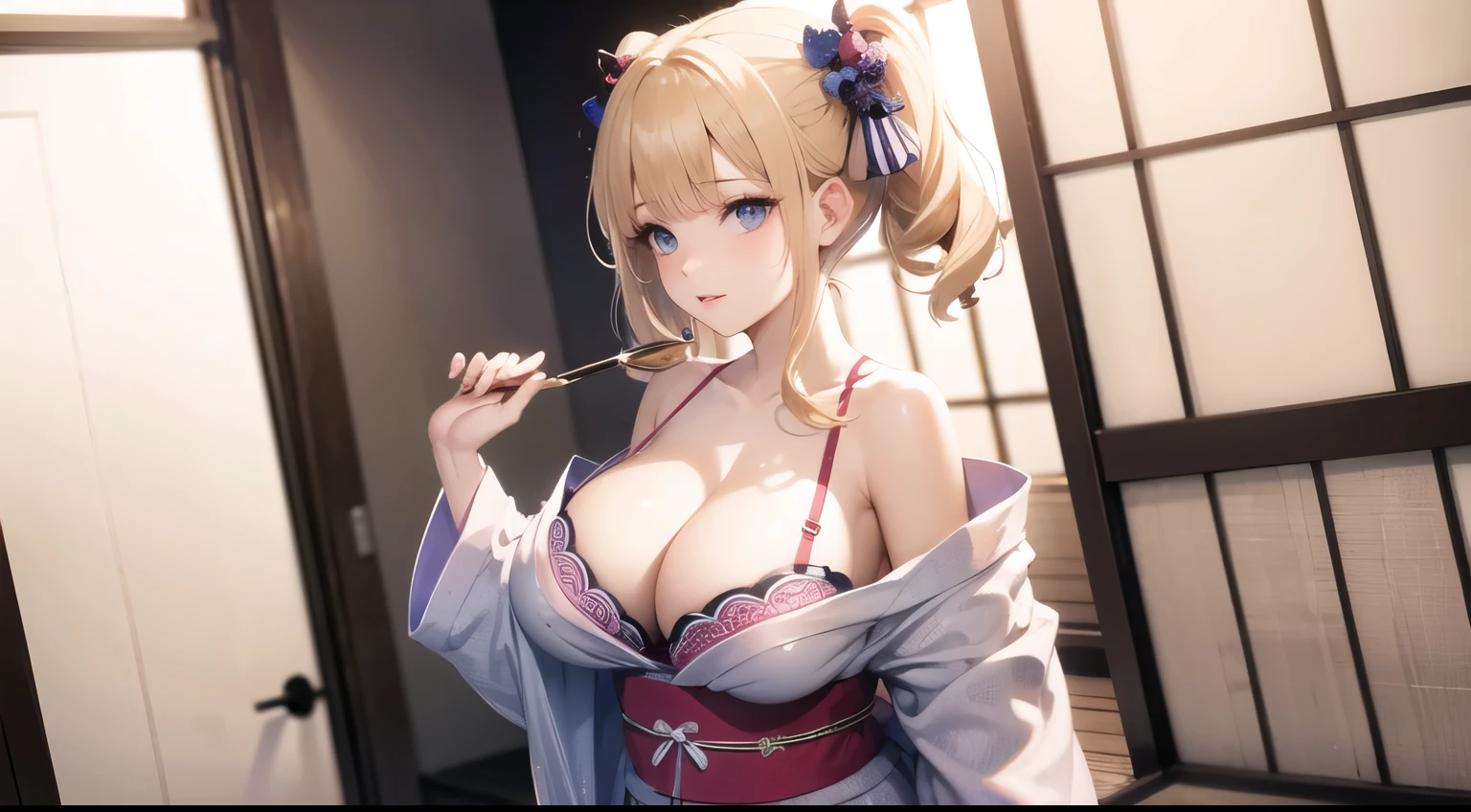 (huge breasts), (((masterpiece, best quality))), cute girl, twin tail blonde, bare shoulders, ((yukata)), bra