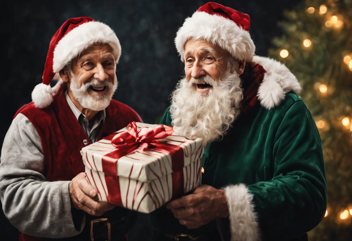 (best quality, 4k, 8k, high resolution, masterpiece: 1.2), ultra detailed, (realistic, photorealistic, photorealistic: 1.37), intricate details,(a very excited grandfather giving his grandson a Christmas gift:1.4)