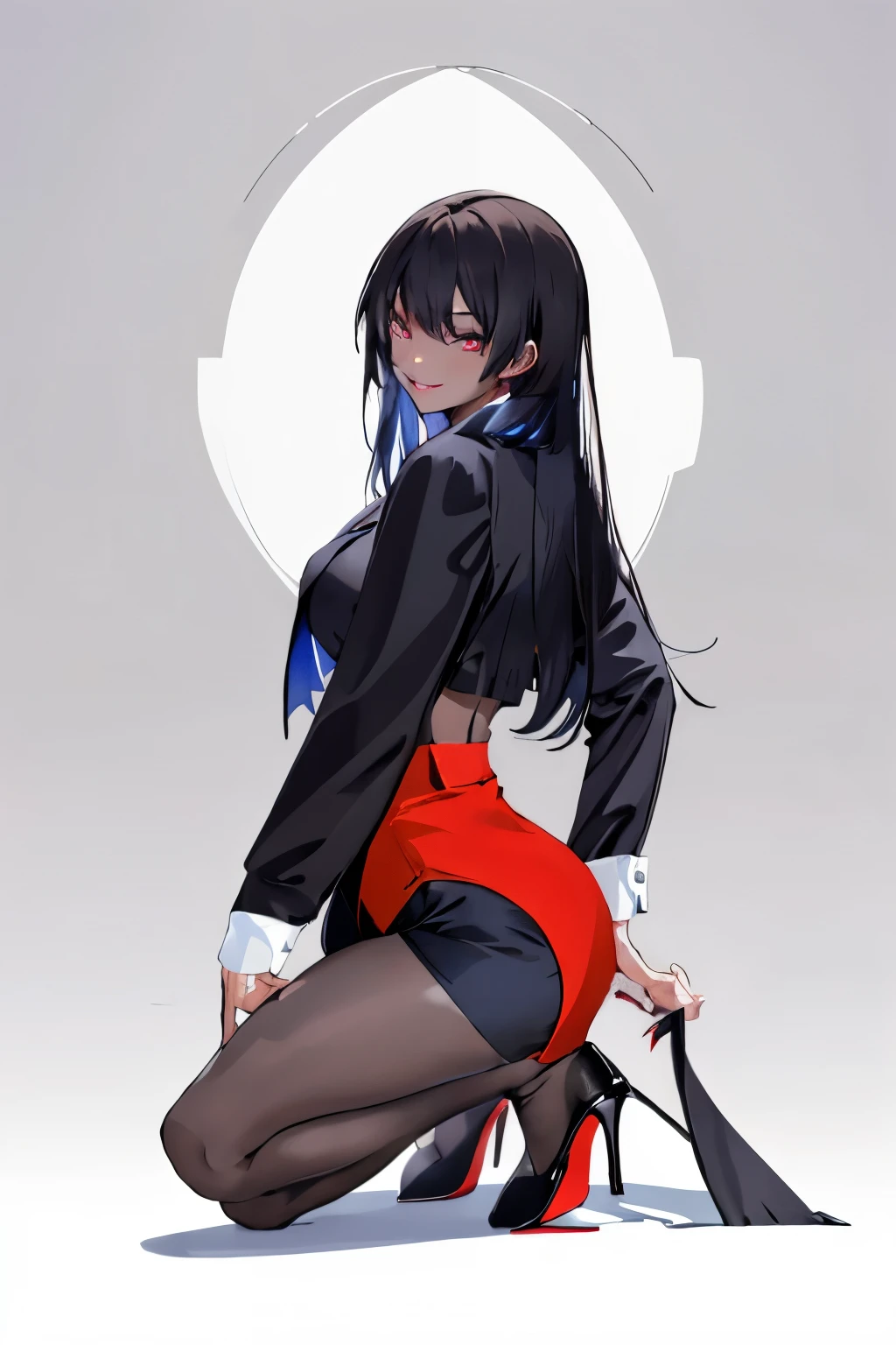 (masterpiece:1.2),best quality,PIXIV
,1girl,solo,long hair,pantyhose,skirt,looking at viewer,high heels,smile,black footwear,red skirt,white background,bangackground,long sleeves,full body,high-waist skirt,from side,one knee,black hair,pencil skirt,thigh strap,pink eyes,breasts,jacket,shirt,straight hair,black jacket,blue hair,dark skin, blue eyes,parted lips,looking to the side,