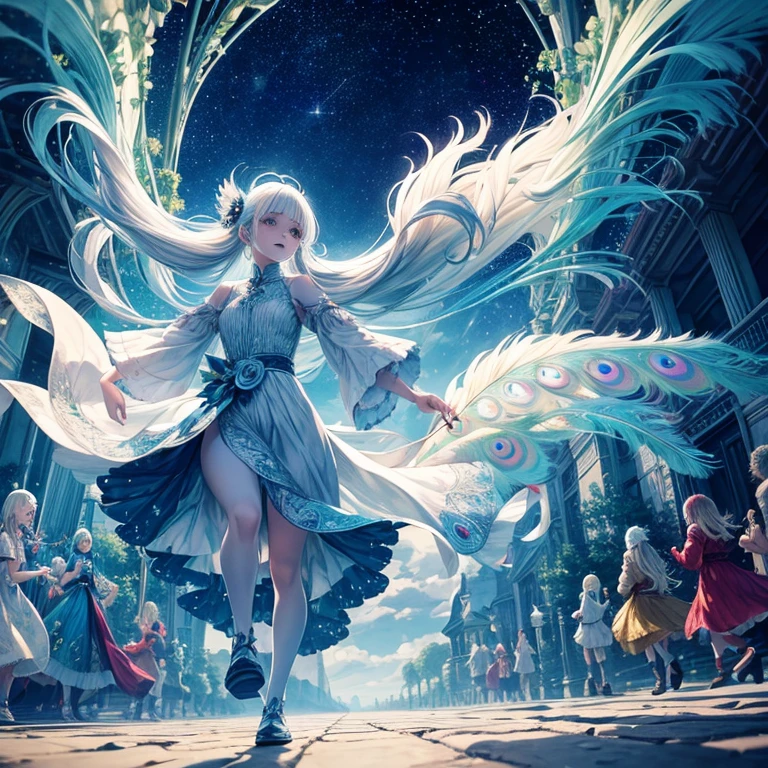 make an albino girl holding a peacock feather while running, wearing a long dress with peacock feathers, the albino girl with her long hair blowing in the wind and in the background is the starry night