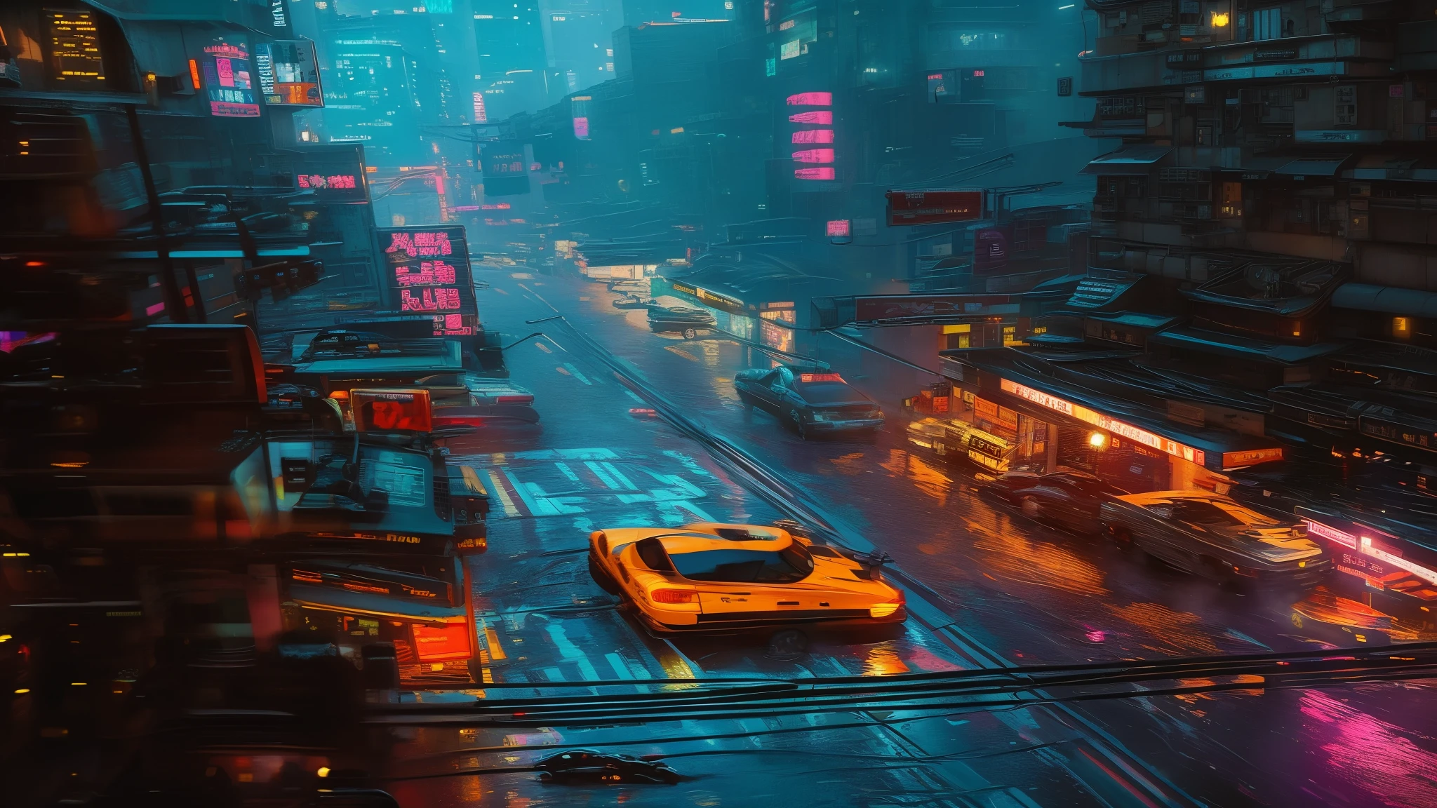 There is a taxi driving along a city street, Surreal cyberpunk city, cyberpunk streets at night, cyberpunk street, Cyberpunk city streets, kowloon cyberpunk, cyberpunk street at night, cyberpunk night street, Surreal cyberpunk style, kowloon cyberpunk cityscape, Rainy cyberpunk city, Beautiful cyberpunk city, In the cyberpunk city, cyberpunk atmosphere, Dirty cyberpunk city