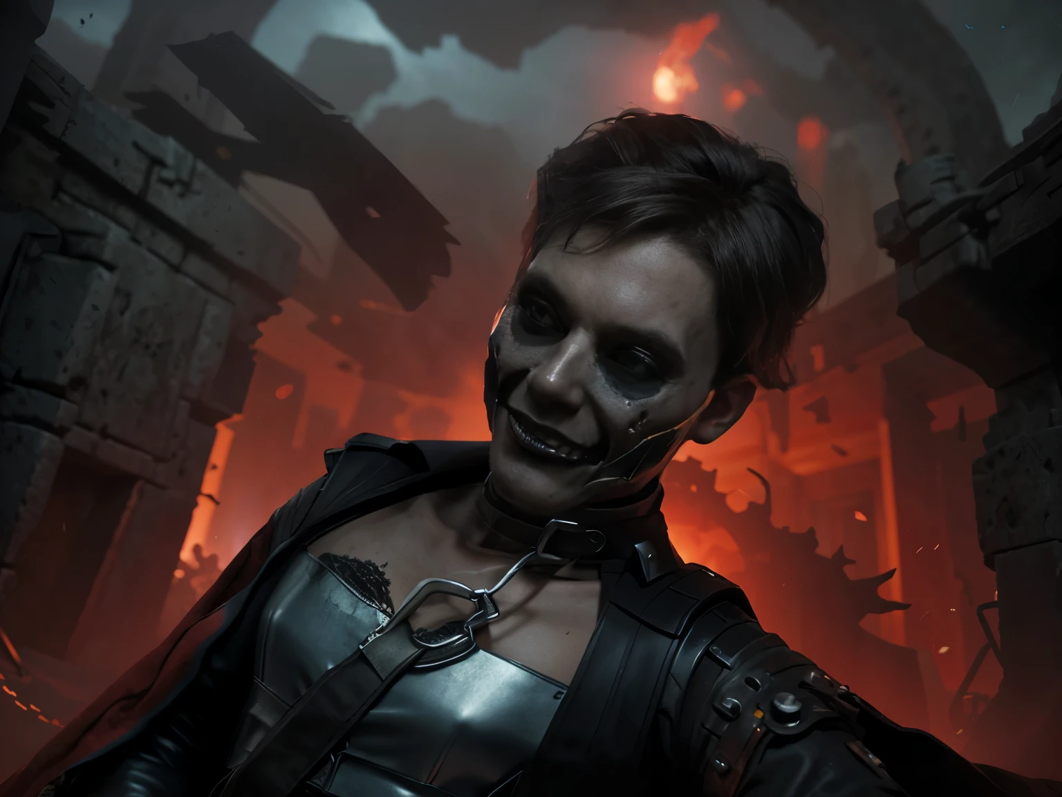 (1man), (((solo))) a dark medieval warrior, skull face, in a macabre medieval lair, chains, illustrator, masterpiece, high quality, 8k, ultra-detailed, high resolution, ((horror)), medieval, high detail, with scifi technological mask, dynamic pose, upper body, evil, cinematic shading, best brightness, vivid colors, cool and soft luminosity, night, best illustration, wind blowing, Greg Rutkowski style