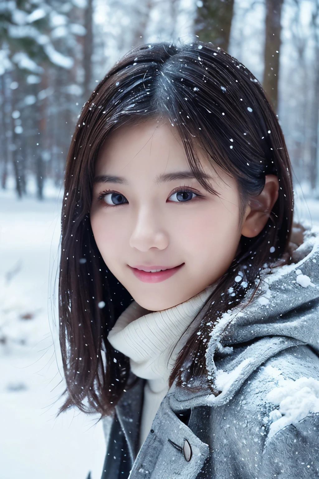 1girl in, (White winter clothes:1.2), Japanese beautiful actress,
(Raw photo, Best Quality), (Realistic, Photorealsitic:1.4), (masutepiece), 
Extremely delicate and beautiful, Extremely detailed, 2k wallpaper, amazing, finely detail, the Extremely Detailed CG Unity 8K Wallpapers, Ultra-detailed, hight resolution, 
Soft light, Beautiful detailed girl, extremely detailed eye and face, beautiful detailed nose, Beautiful detailed eyes, Cinematic lighting, 
winter forest snowfall landscape,  snow is falling rapidly, Frosty tree々, The background is hazy due to snowfall,
Perfect Anatomy, Slender body, Small, short-hair, Smiling