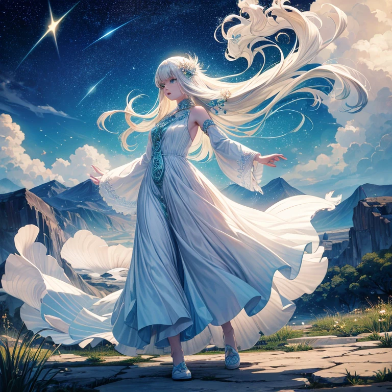 make an albino girl holding a peacock feather while running, wearing a long dress with peacock feathers, the albino girl with her long hair blowing in the wind and in the background is the starry night
