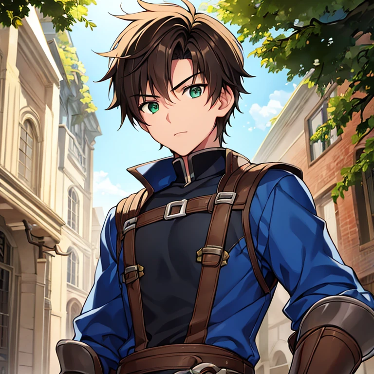 a 18-year-old teenage boy, brown short hair, short hair parted in the middle, bright green eyes, without a beard, without a goatee, no facial hair, Medieval, Adventurer.