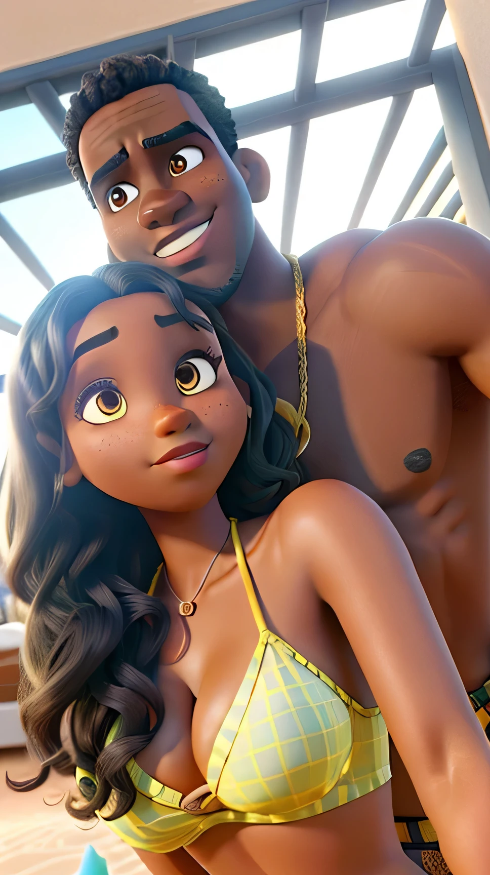 a dark-skinned man and a dark-skinned woman wearing a pixar-style yellow bikini, alta qualidade, melhor qualidade