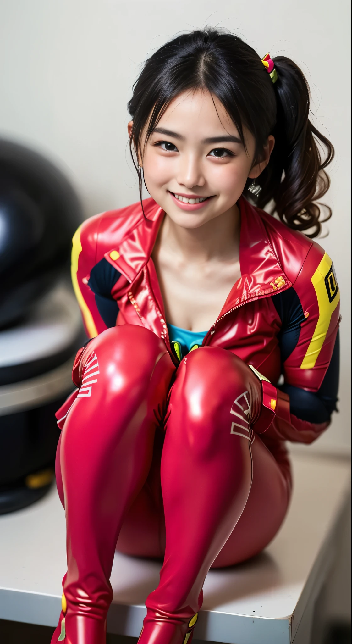 (8K、Raw photography、top-quality、masterpiece:1.2),(Open your legs wide),(A dark-haired、poneyTail、Curly hair:1.5),watching at viewers,Looking at the front,Erotic,de pele branca,(brightly colored plug suit:1.7)、(Clothing that emphasizes the shape of your chest、exposing the skin:1.5)、(Colossal tits:1.3)、absurderes,、超A high resolution,,ren,Beautiful fece,(One Person, 独奏、without background:1.6),fullllbody,hi-school girl,A Japanese Lady,is standing,(Photorealsitic:1.37)、Photon mapping,Realistic、(Cute little face: 1.8)、(Cute smile: 1.7)、(with round face: 1.8)、Radio City、Physically Based Rendering、Foreground、depth of field rally background、a picture,beauty legs, (Knees are visible,Thigh close-up:1.5),full body Esbian、Nogizaka Idol, Japanese ido、Colossal titsle body esbian、super definition、Sit on a desk and spread your legs