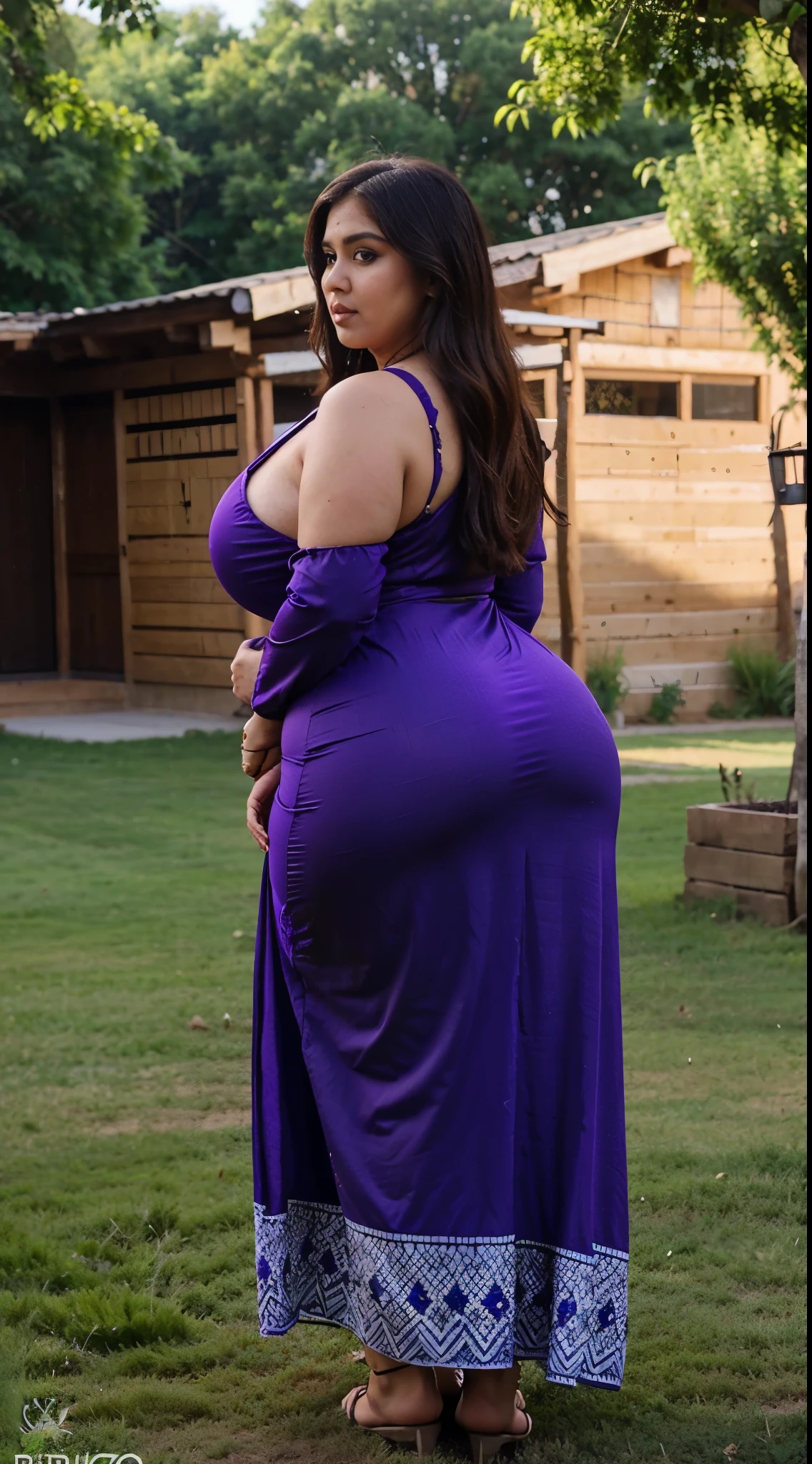 Bbw Pakistani,(mictofiber purple long dress) facing the camera)(big booty) (fat hip) (a quarter side view) (face here) Plus size bbw big boobs,grass (wide booty) (very wide)