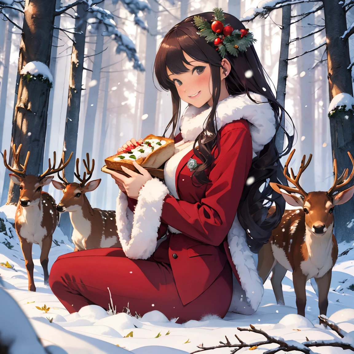 Merry Christmas, Snow Maiden in a sexy red suit, Smiling, Forest deer, Snow Maiden feeds deer bread, forest with trees, garlands on branches