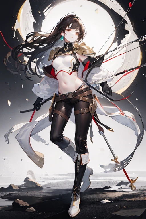 (a high-resolution, realistic) (((Light skinned))) (((white girl))), (((full body))), black archer outfit, metal shoulder pads, leather gloves, leather boots , exposed belly, long hair, black hair, fringes, brown eyes, holding a bow, belt