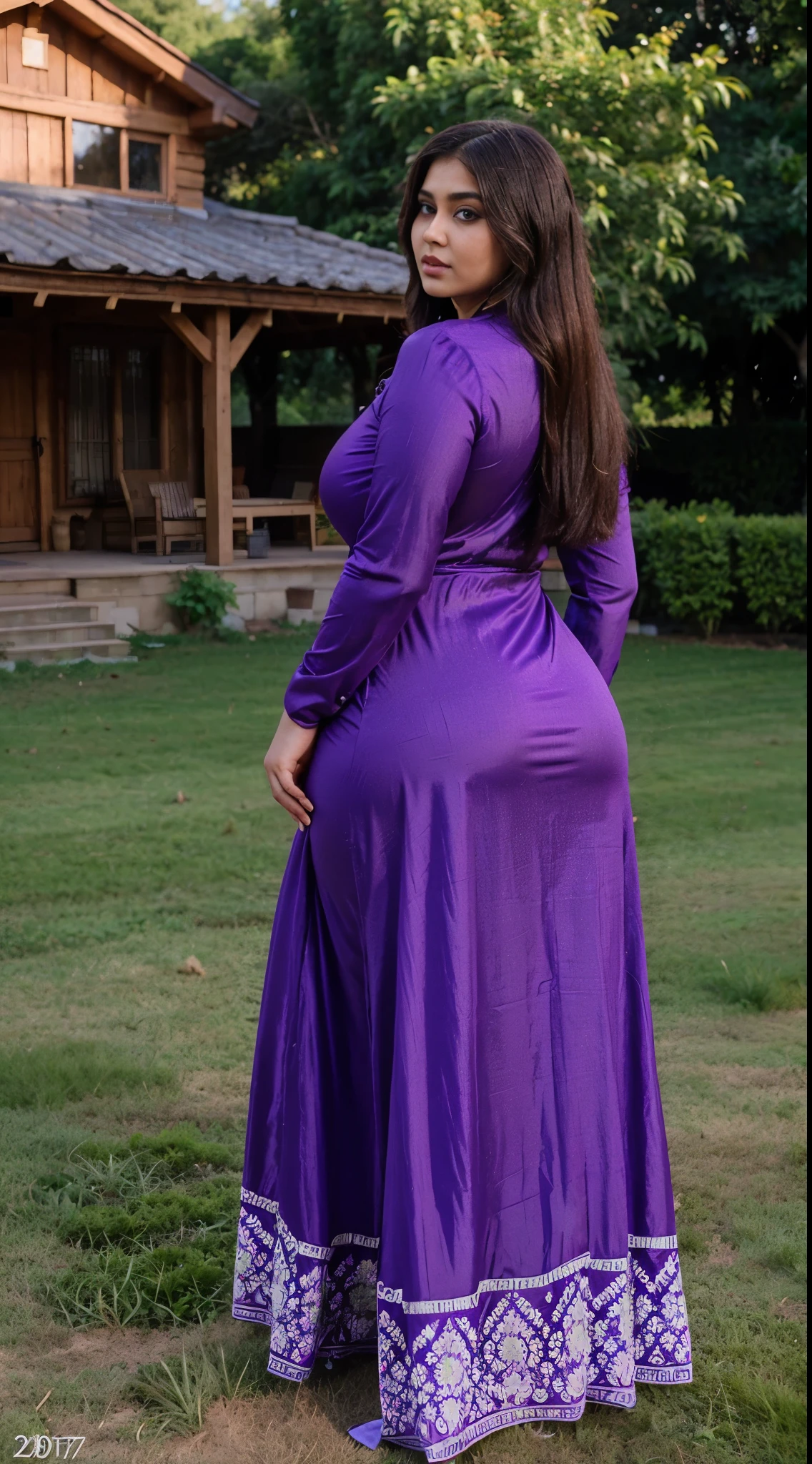 Bbw Pakistani,(mictofiber purple long dress) facing the camera)(big booty) (fat hip) (a quarter side view) (face here) Plus size bbw big boobs,grass (wide booty) (very wide)