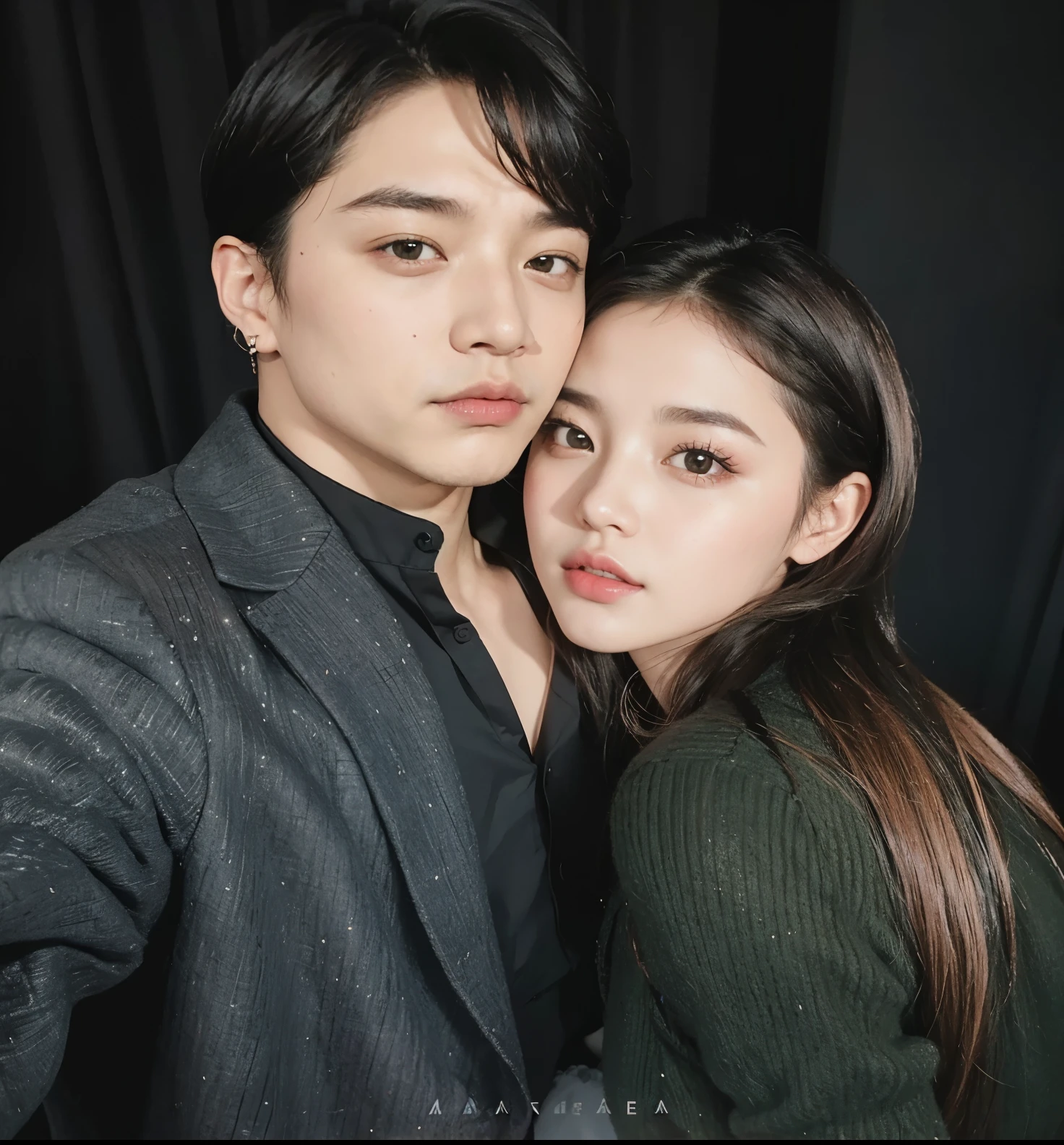 pareja de araffe posando para una foto delante de un fondo negro, jungkook, Pareja encantadora, con ella larga, Imagen filtrada, Taejune Kim, they are close to each other, KDA y Sam Yang, 😭 🤮 💕 🎀, con hiedra, 😭🤮 💔, Pose de pareja, Lv, celebridad, JIA, ✨🕌🌙, con negro