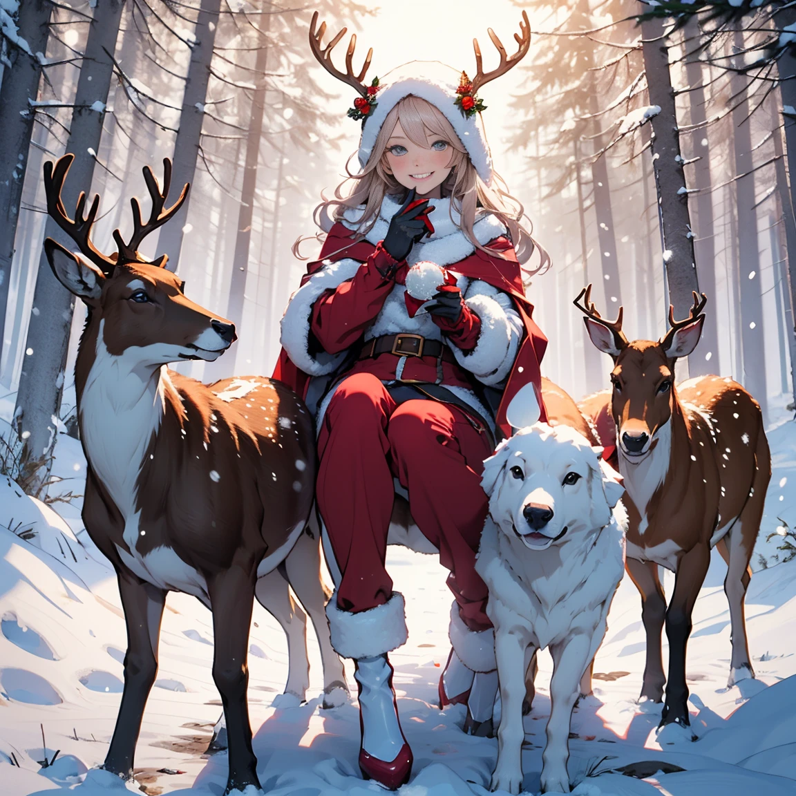 Merry Christmas, Snow Maiden in a sexy red suit, Smiling, Forest deer, Snow Maiden feeds deer bread, forest with trees, garlands on branches