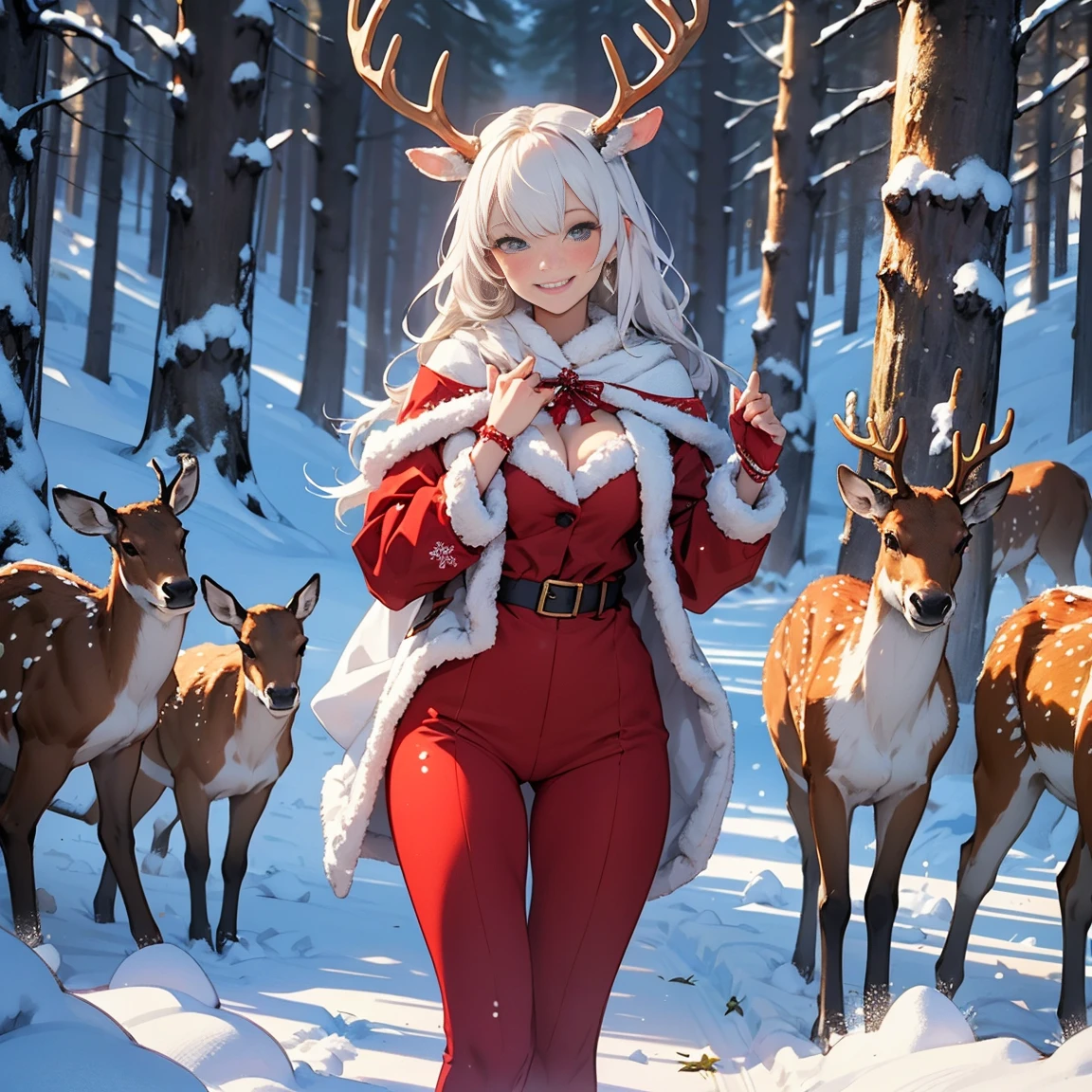 Merry Christmas, Snow Maiden in a sexy red suit, Smiling, Forest deer, Snow Maiden feeds deer bread, forest with trees, garlands on branches