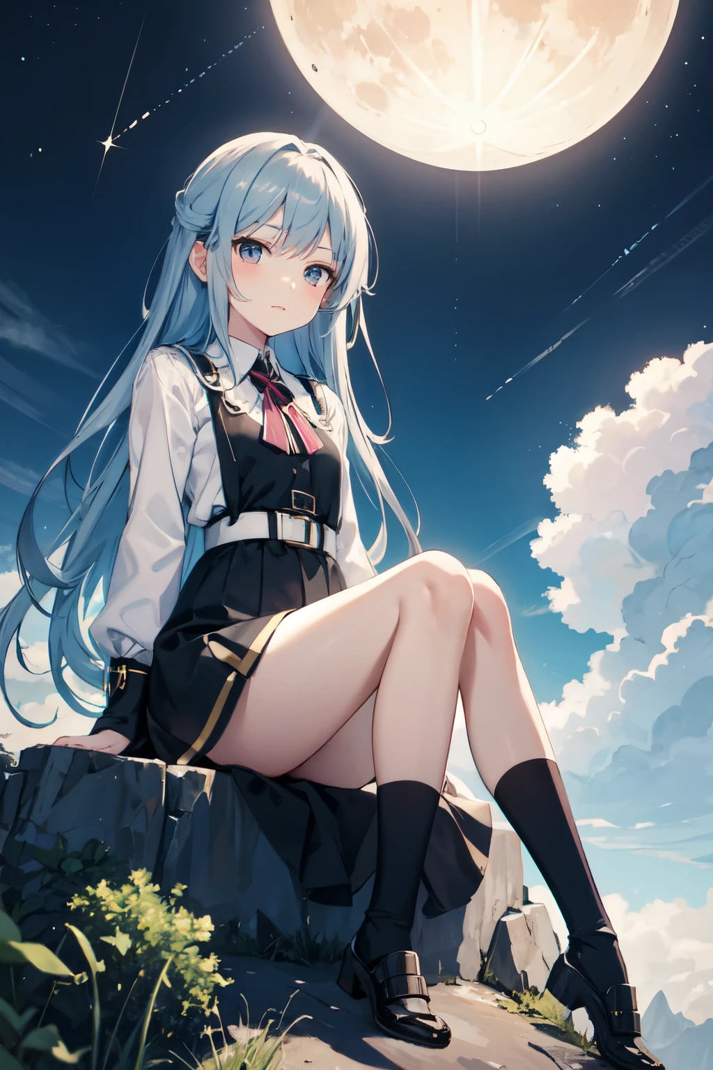 Anime sprites,,chiquita、magia、moon behind sky、precipice,sat on the ground