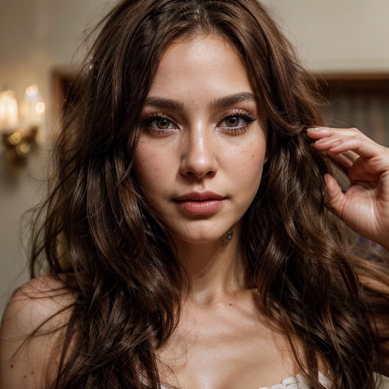cinematic photo of a 30 year old girl with brown hair and brown eyes, happy, cheerful expression, closed mouth, beautiful lips, intricate details, shallow depth of field, highly detailed,masterpiece,professional, highly detailed,detailed skin texture, (blush: 0.5), (brown hair) (long wavy hair, wild hair) thin face, thin nose, beautiful, very beautiful, perfect face, slender body (slender), (brown hair) (brown eyes),(white skin), Beautiful body,predatory eyes, pink lips,((best quality)), ((ultra resolution)), ((photorealistic: 1.4)), (intricate details), perfect face,(makeup: 1.5), clear face, facial details.