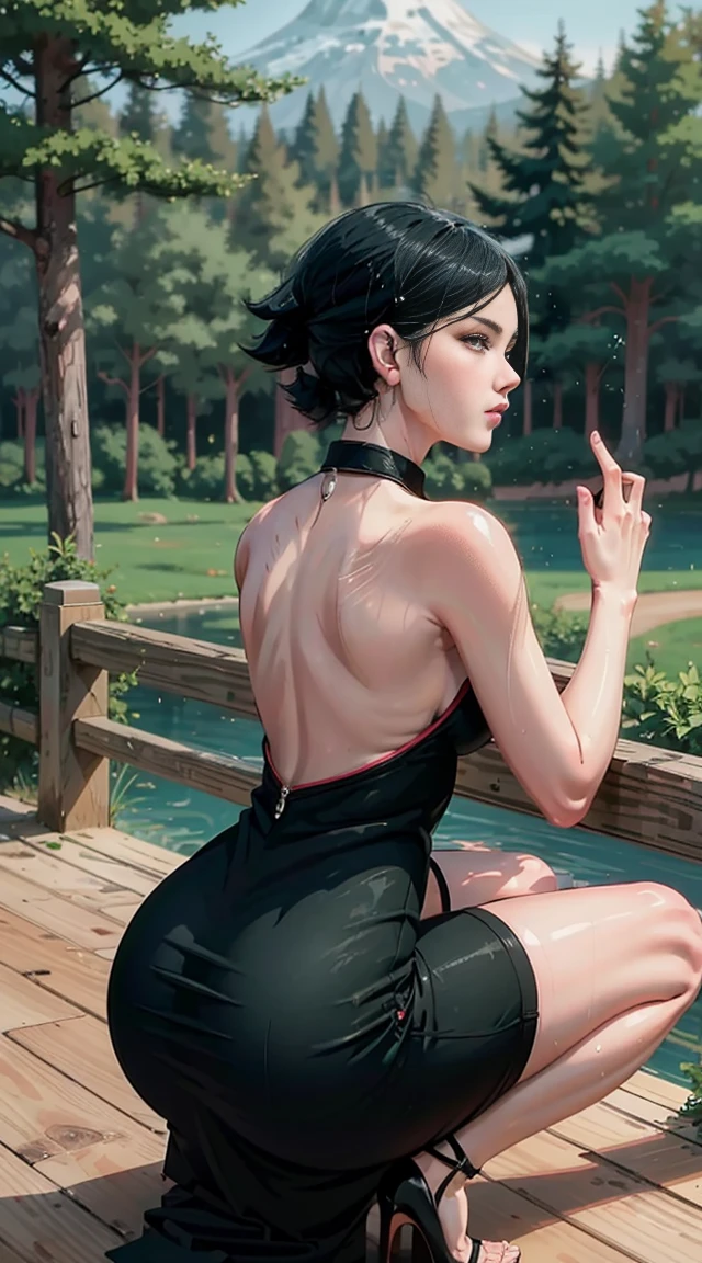 a woman in a green dress sitting on a ledge, sarada from boruto, beautiful anime girl squatting, sarada, thicc, she wears a dark green dress, sarada, looking from behind, back pose, full growth from the back, in full growth from the back, seductive anime girl, anime woman, black hair. Bra strap and Underpants lines are visible can see through dress, wet dress, shining dress