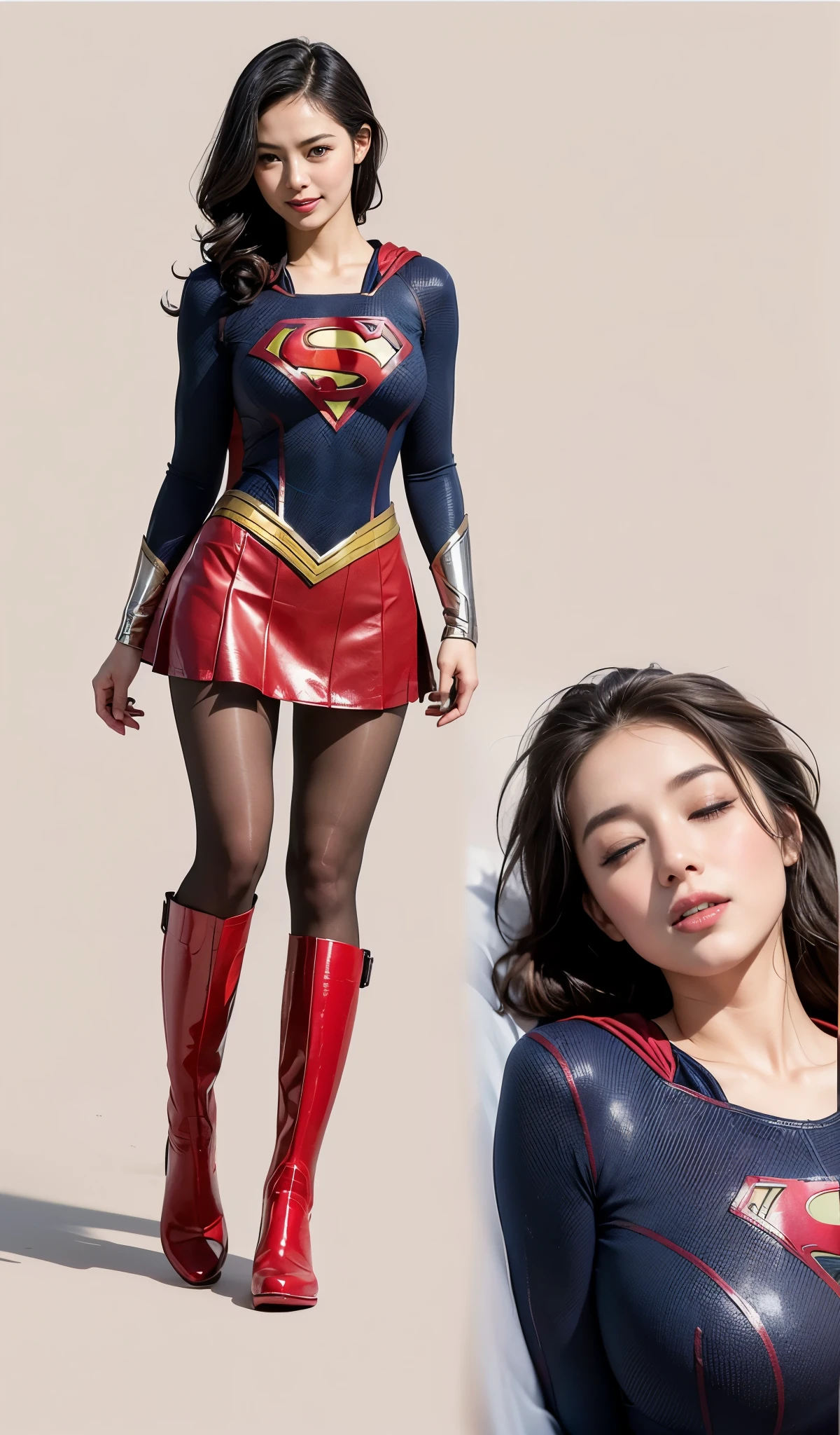 and draw the full body、fitted to the body、Eyes closed、yawning being、limp、Facing down、Bowing the head、sticking out the tongue、Tongue stud、Tongue protrusion、droolng、large amount of saliva、Tearsと唾液が頬を濡らす、hopelessness、Tears、Wet eye makeup、Feeling ecstasy、Pleasant look、No background、Suffering、Hung、Are sleeping、lying back on、(((Wear black tights on your beautiful legs.)))、(((Grow legs、tall、Legally express the beauty of your smile)))、((((Make the most of the original image)))、(((Supergirl Costume)))、(((beautiful hairl)))、(((Suffering)))、(((Feet must necessarily be worn with black tights)))、(((You need to wear red boots)))、((Top image quality、8K))、((top-quality、8K、​masterpiece:1.3))、(((Keep Background )))、Crisp focus:1.2、Beautiful woman with perfect body shape:1.4、Slender Abs:1.2、a wet body:1.5、Highly detailed facial and skin texture、8K.