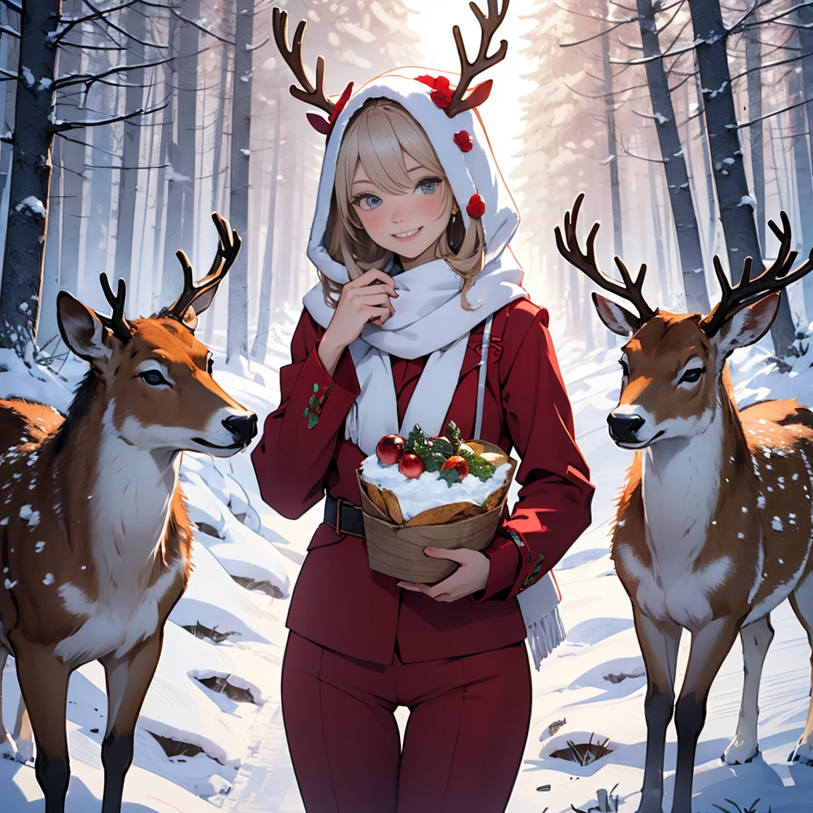 Merry Christmas, Snow Maiden in a sexy red suit, Smiling, Forest deer, Snow Maiden feeds deer bread, forest with trees, garlands on branches