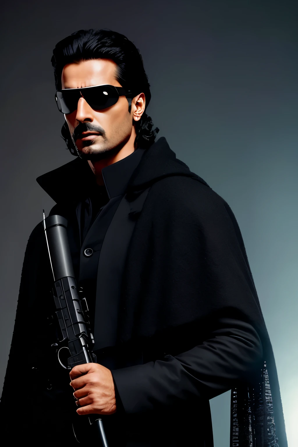 arjun rampal as a ghost hunter wearing a long coat black in color with a cross bow in his hand and black goggles