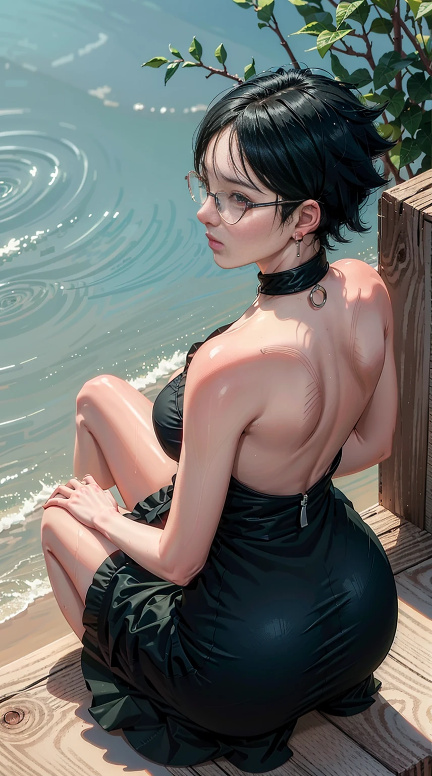 a woman in a green dress sitting on a ledge, sarada from boruto, beautiful anime girl squatting, sarada, thicc, she wears a dark green dress, sarada, looking from behind, back pose, full growth from the back, in full growth from the back, seductive anime girl, anime woman, black hair. Bra strap and Underpants lines are visible can see through dress, wet dress, shining dress, frameless glasses