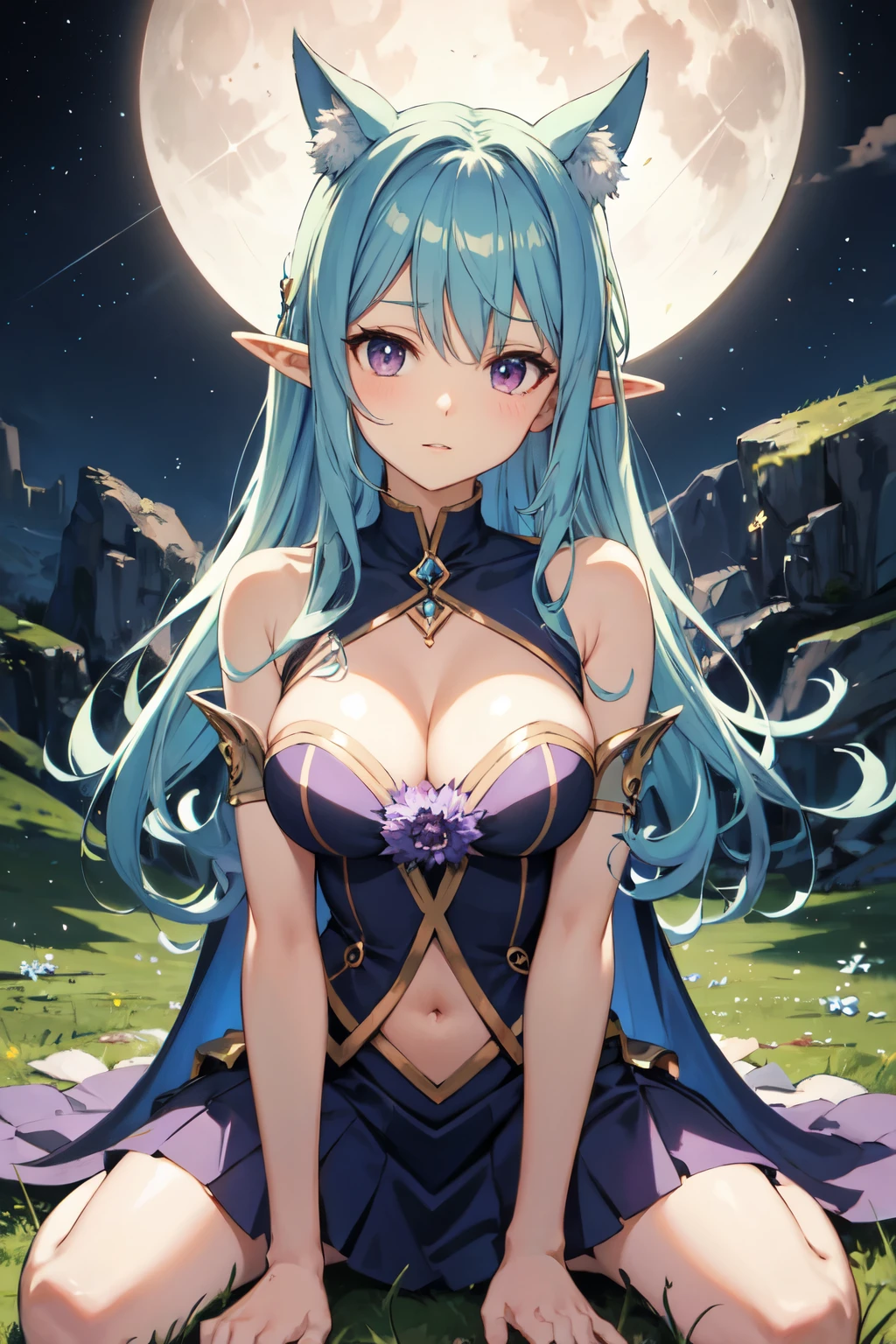 anime，the elf，，blue hairs，Purple eye，chiquita、magia、moon behind sky、precipice，sat on the ground