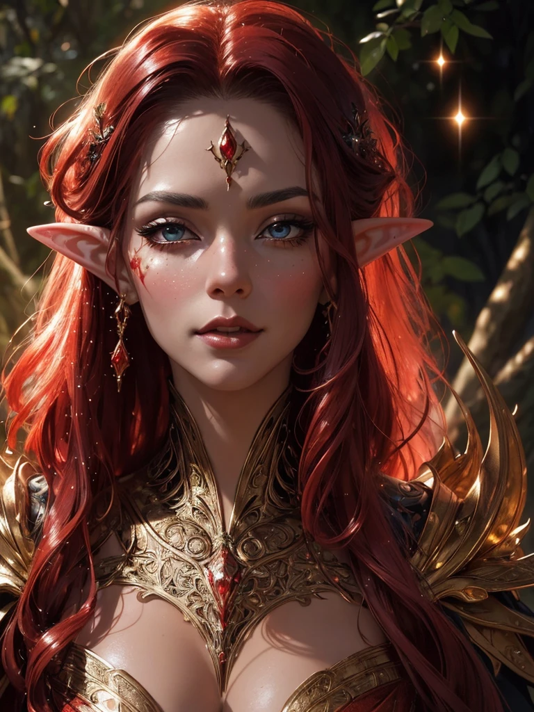 bright close up hyperdetailed photorealistic unique whimsical cosmic portrait of beautiful elf in full red gold dark shining latex lace costume, in forest, , detailed, sharp, , sparkles, pretty features, pretty face, fantasy art, , Wadim Kashin, James Gurney, Ink, splash art, breathtaking beauty, alluring, cinematic, royo, giger, mysterious