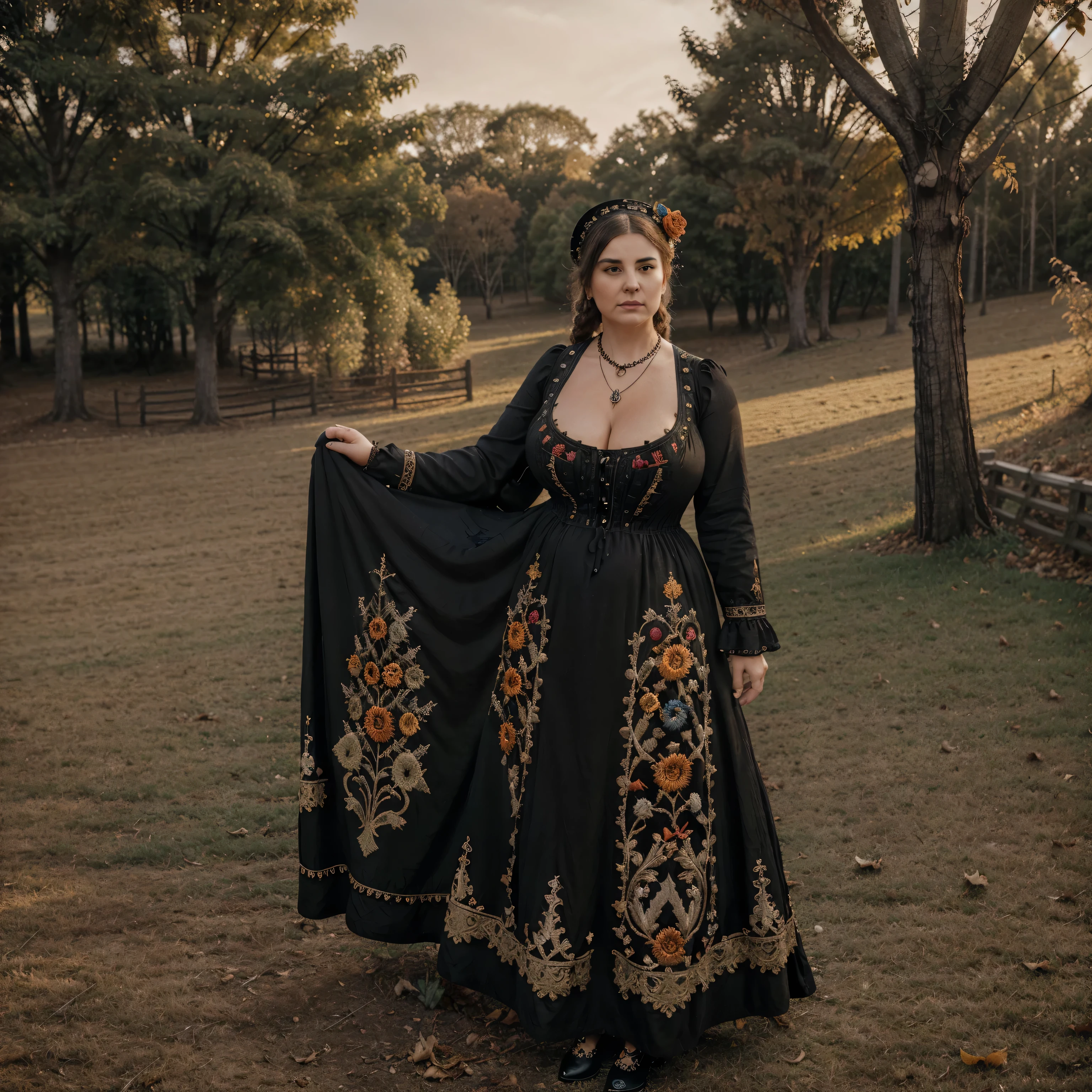 Masterpiece, (8k wallpaper) , (best quality), perfect quality, solo, A sexy fat voluptuous mature obese witch, small tiny breasts, drooping chest, wearing lingerie, standing in a pumpkin patch at night, surrounded by jack-o-lantern, ((((Maxi dress in Victorian style with embroidered embellishments)), Lace Accessories, a necklace )), goth girl, black gothic boots, she is standing at the edge of a clearing with trees in autumn, a wooden barrier separates us from these trees, around and at her feet there are dead leaves because it is autumn.