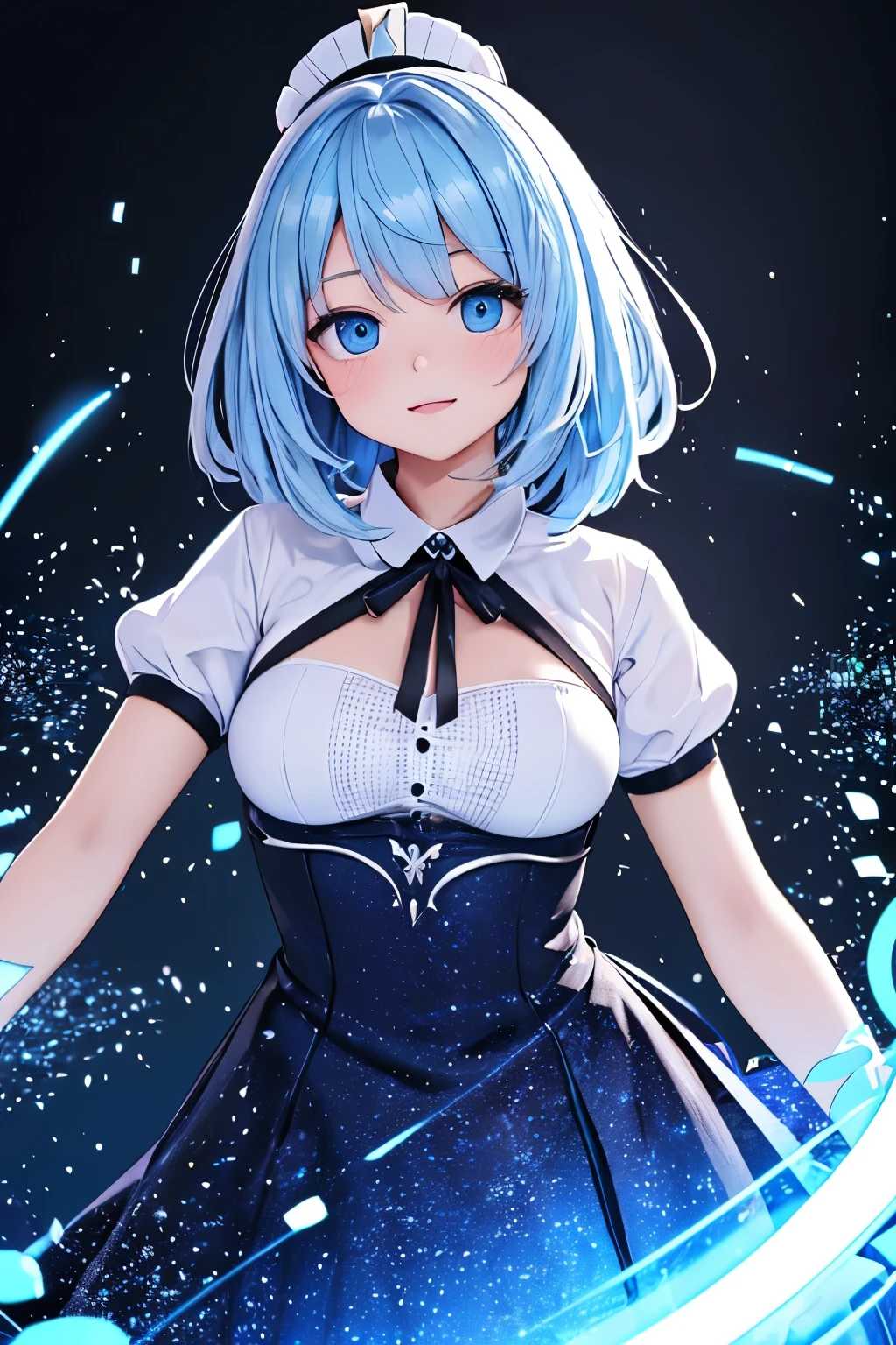 ((master part)), (best quality), (circunstanciado), (1girl), (Fluxo de dados interno) light blue gradient hair, olhos brilhantes azuis claros, Cabelos lisos, vestindo uma camisa branca moderna e vestido preto, covered by data particles, locked around the neck