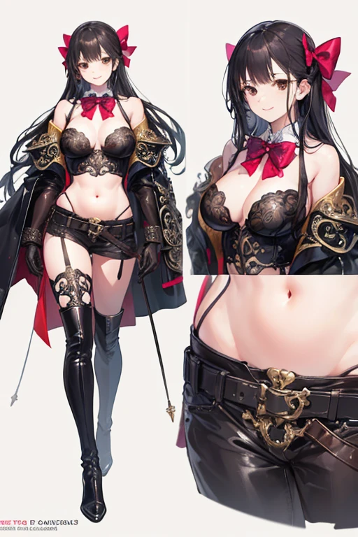 (a high-resolution, realistic), (((full body))), black archer clothes, metal shoulder pads, leather gloves, knee-high leather boots, exposed belly, long hair, black hair, brown eyes, holding a bow, belt, smiling, (((detailed face))), (((ornate detailed bow)))