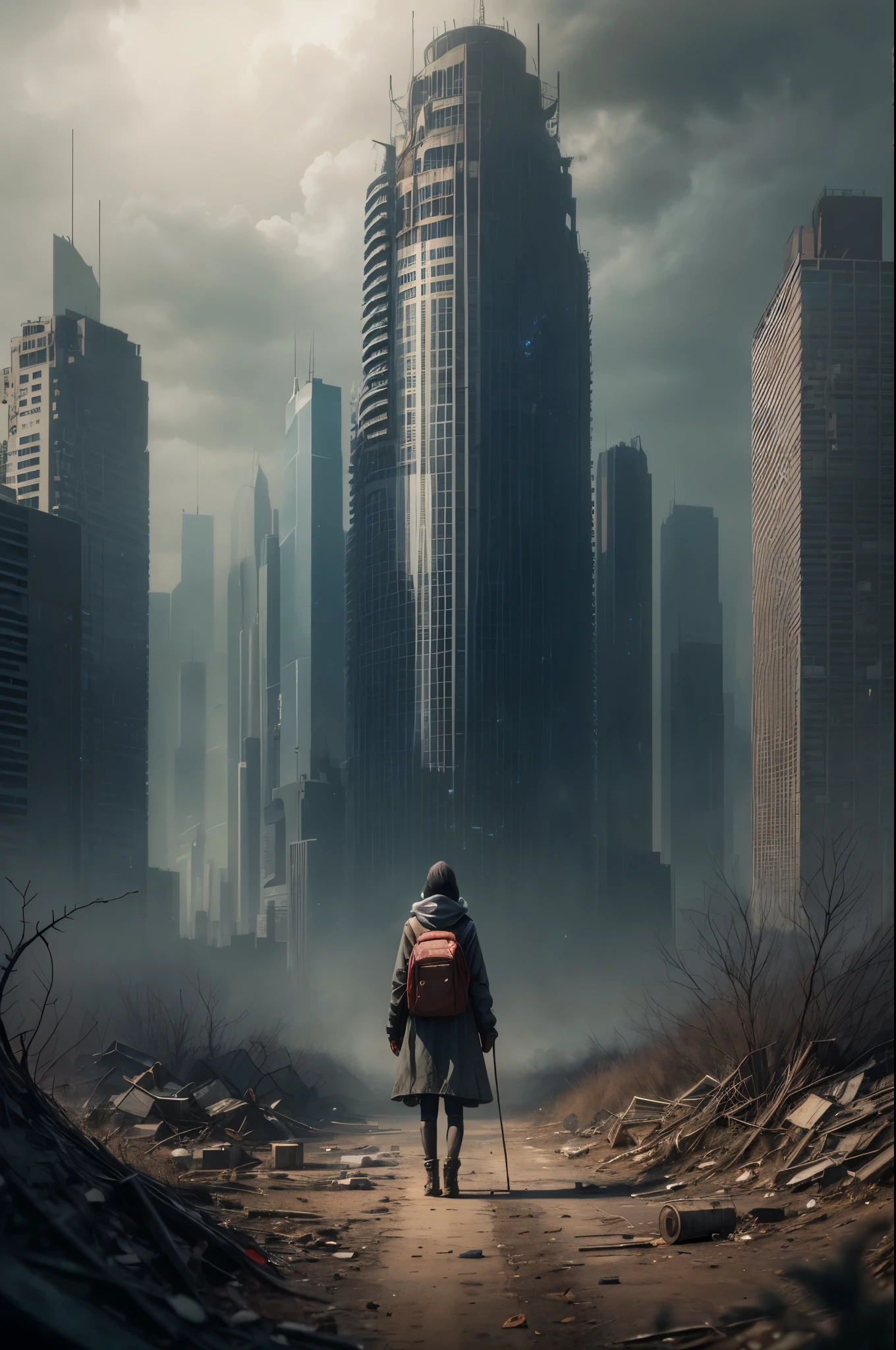 Lonely girl, teddy bear, nuclear wasteland, plants regaining territory, desolation, eerie atmosphere, (dark and moody:1.4), (loneliness:1.ost-apocalyptic:1.2).