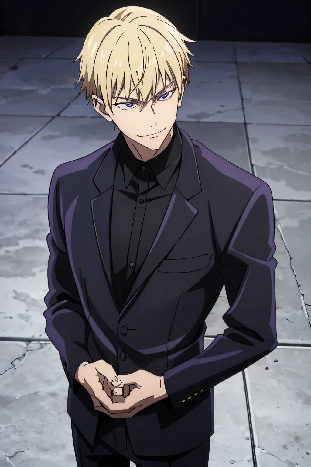 1boy, solo, teenage, blonde hair, violet eyes, short haircut, wolfcut hairstyle, black suit, black shirt, long sleeves, messy bangs, evil smirk