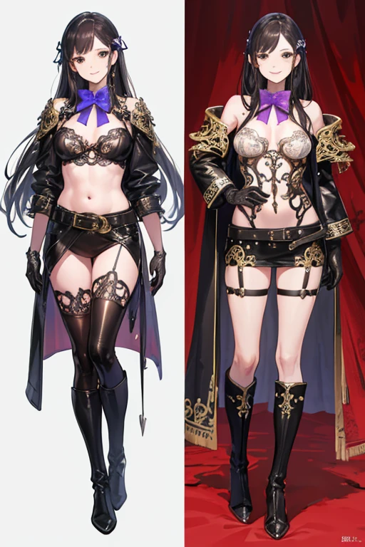 (a high-resolution, realistic), (((full body))), black archer clothes, metal shoulder pads, leather gloves, knee-high leather boots, exposed belly, long hair, black hair, brown eyes, holding a bow, belt, smiling, (((detailed face))), (((ornate detailed bow)))