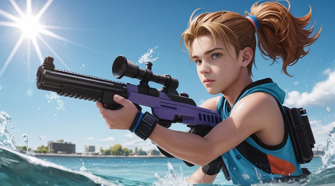 Brave 16 years old boy with cool water power gun aim on us; trending art; summer; sunny; like fortnite; charisma.