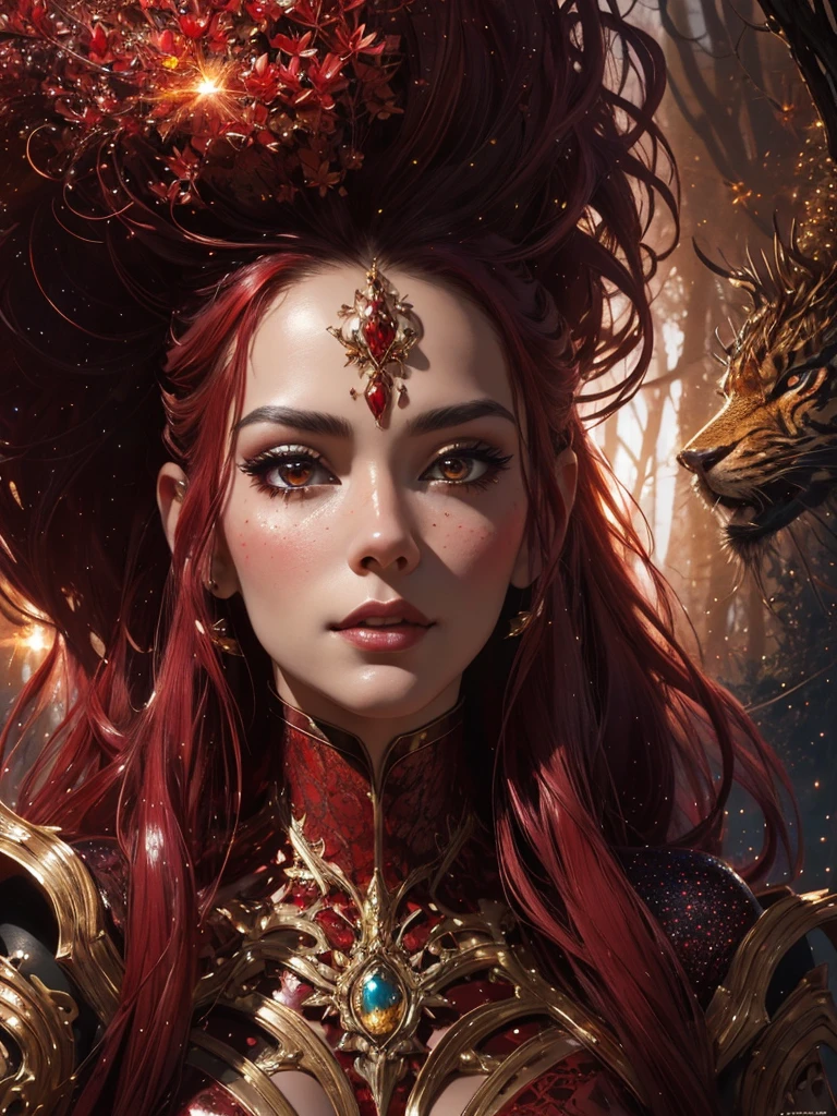 bright close up hyperdetailed photorealistic unique whimsical cosmic portrait of beautiful woman in full red gold dark shining latex lace costume, in forest, , detailed, sharp, , sparkles, pretty features, pretty face, fantasy art, , Wadim Kashin, James Gurney, Ink, splash art, breathtaking beauty, alluring, cinematic, royo, giger, mysterious