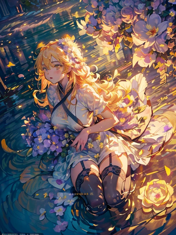 ((Finest quality)),(超A high resolution),(Ultra-detailed細),(Meticulous portrayal),((the most picturesque works of art),Ultra-Precision Art,The art of astounding depiction,Fantasyart:1.5, ((((Beautiful flowers々:1.5))), ((Body eroded by flowers:1.3)),Glamorous body:1.3,fancy background effects、masterpiece、Fancy details、(NSFW 1.1), ((1girl in)), ((masutepiece)), ((Highly detailed:1.3)), In crystal clear water,beautiful woman entering the lake, ((long yellow hair)), Wet hair, Wearing a light transparent dress, clothed bathing, steam, (Rose petals floating in water:1.3), Early morning light, Ivory Gold AI, windows, Crepscular lighting, 、Lace sheer underwear、very very gigantic boobs、Pink nipples、pink areolae,透けて見えるPink nipples、透明なpink areolae、lace and string shorts.、princess carry,Sexy lingerie with lace and strings,See-through sexy lingerie,Transparent lingerie、translucent dress、pearlsescent、pearls、Sexy Harness、Sexy garter belt、Sexy Stockings、Well equipped,intimate, rose garden、Multicolored roses、lake with floating roses、Lying down、Open legs、Spread your legs、Open thighs、Immersion in water、Wet body、splash water、gorgeous flower decoration、big flowers、stylish hair、Moon, lantern, Night, Solo, playing in the water, Water, hair flower, flower, Outdoors, skyporn, full Moon, Rain, lantern, wet clothes, skyporn, wet hair (((masutepiece),(the Extremely Detailed CG Unity 8K Wallpapers),Best Quality,Cinematic lighting,Detailed background,Beautiful detailed eyes,Bright pupils, (extremely delicate and beautiful),(Beautiful and detailed eyes description), Ultra-detailed,masutepiece,)),((Yellow eyes))、