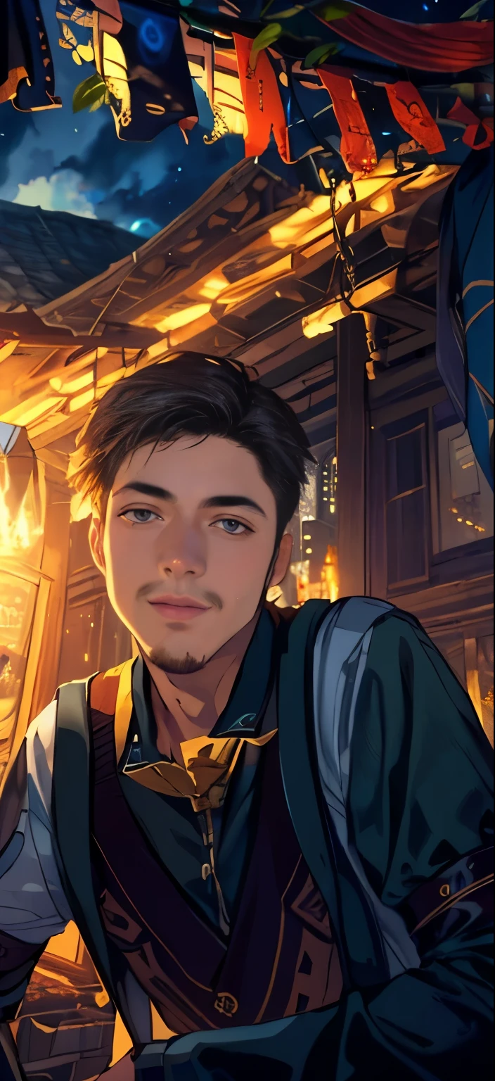 (masterpiece:1.5), (ultra-detailed), (extremely detailed CG, ultra-detailed, best shadow:1.1), 1boy, solo, fantasy, night sky, outdoors, magic, moon, stars, clouds, wind, short hair, focus on subject, extremely detailed eyes, shadow on face, mysterious, hyper detailed, texture, detail, realism, depth, perspective, special effects, composition, scale, foreground, middle ground, background, perspective, light, color, texture, detail, beauty, wonder, mature young man, fantasy city