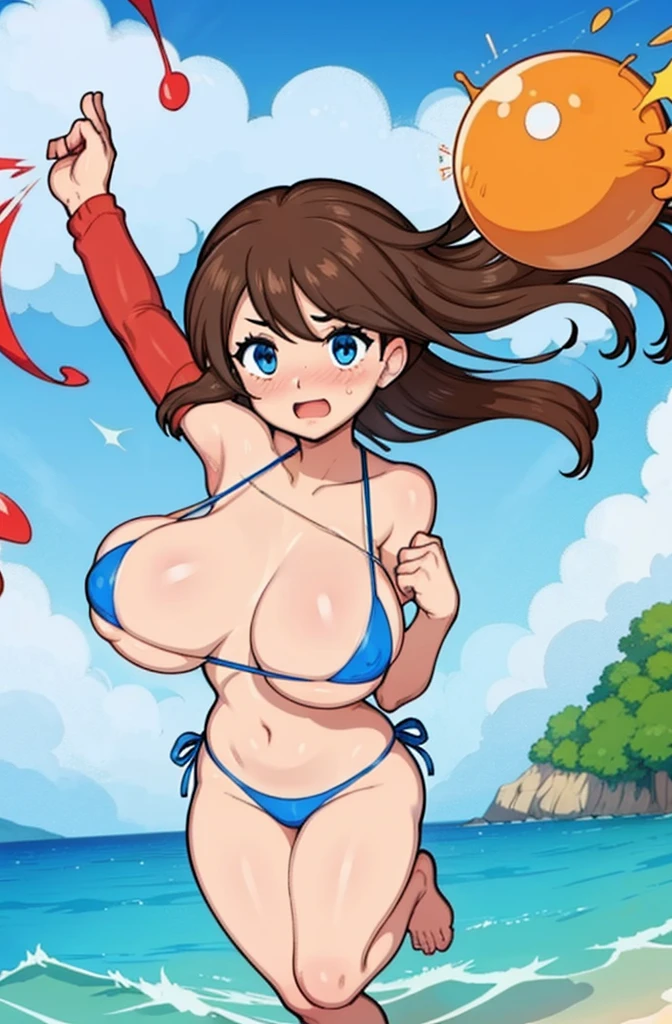 Woman jumping on the beach,waves crashing, Wear only string bikini,The chest is large,bouncing chest, blush cheaks, Very enchanting。