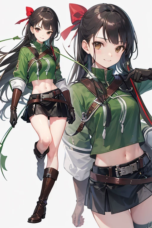 (a high-resolution, realistic), (((full body))), (((detailed black archer clothing))), metal shoulder pads, leather gloves, knee-high leather boots, exposed midriff, long hair , black hair, brown eyes, holding a bow, belt, smiling, (((detailed face))), mini skirt