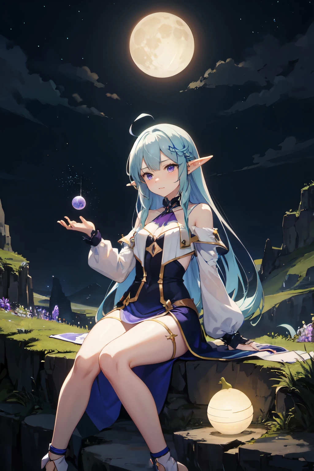 anime，the elf，，Long blue hair，Purple eye，chiquita、magia、moon behind sky、precipice，sat on the ground