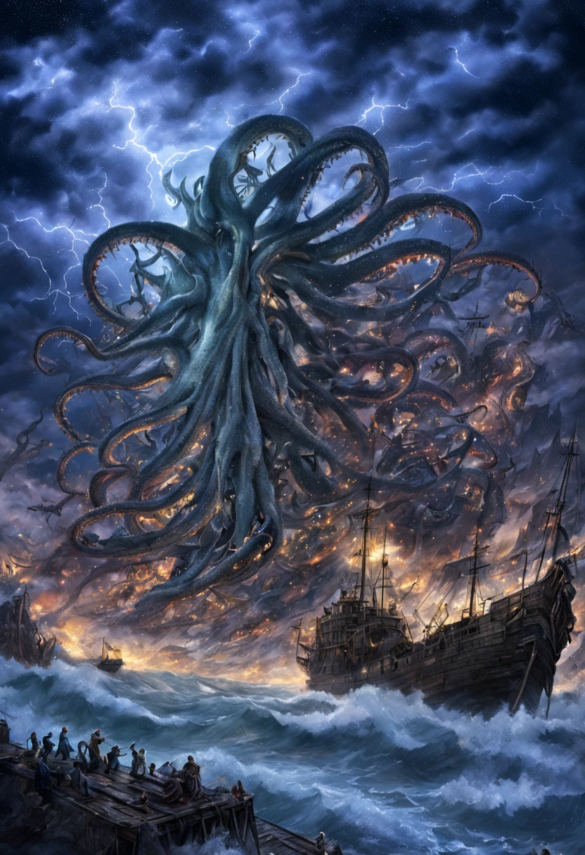 Kraken,Tentacles,The sea,storm,the night,the stars,Ships,wreck,fire,detritus,boats,Corpses,Wharf,creature,dread,shouting,perdition,The god,Poseidon,village,thunder-storm,Sateen,fanaticism,Mysticism,