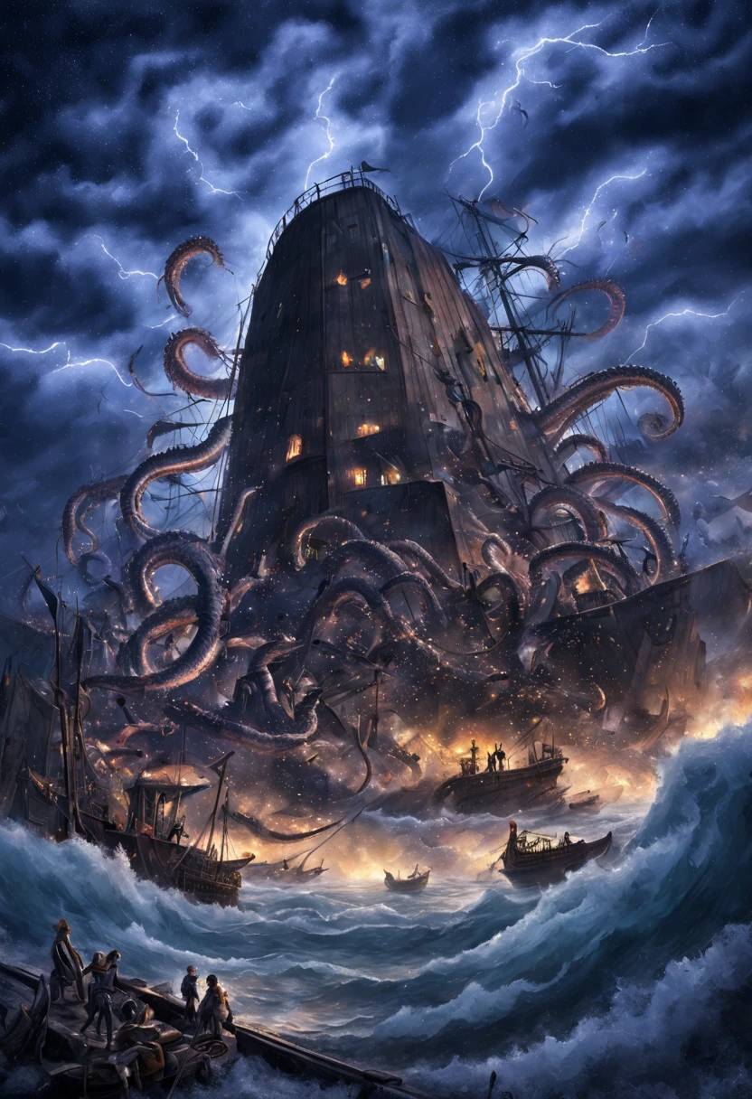 Kraken,Tentacles,The sea,storm,the night,the stars,Ships,wreck,fire,detritus,boats,Corpses,Wharf,creature,dread,shouting,perdition,The god,Poseidon,village,thunder-storm,Sateen,fanaticism,Mysticism,