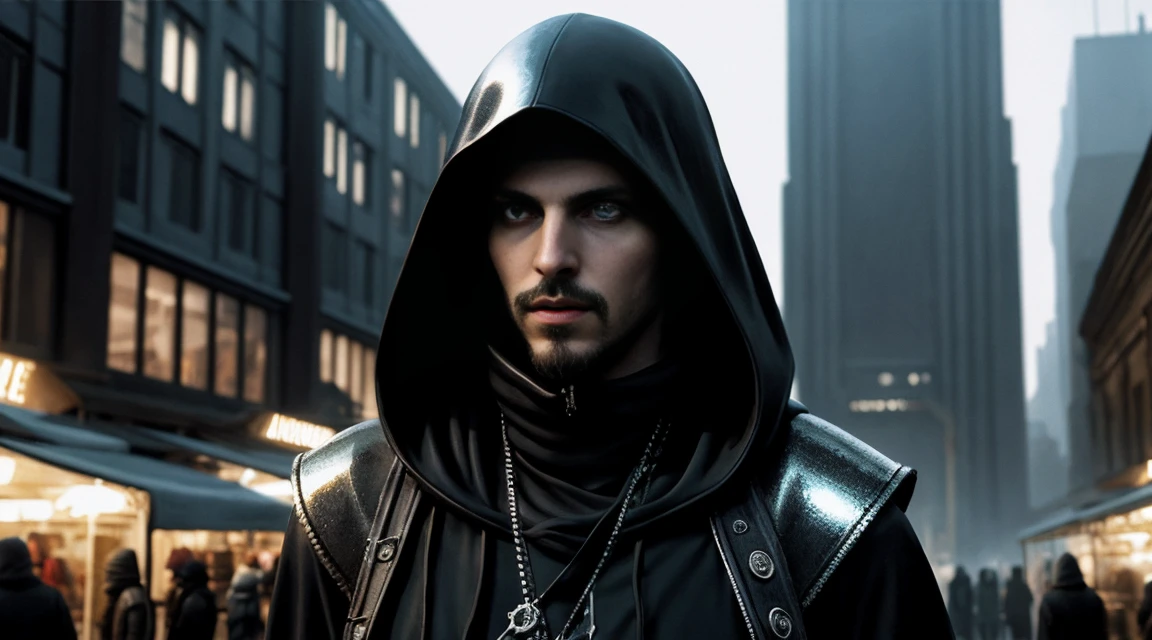 Very slim and tall space pirate in the market of a alien planet, suspicious look, hooded, hyperrealistic, metallic city shot