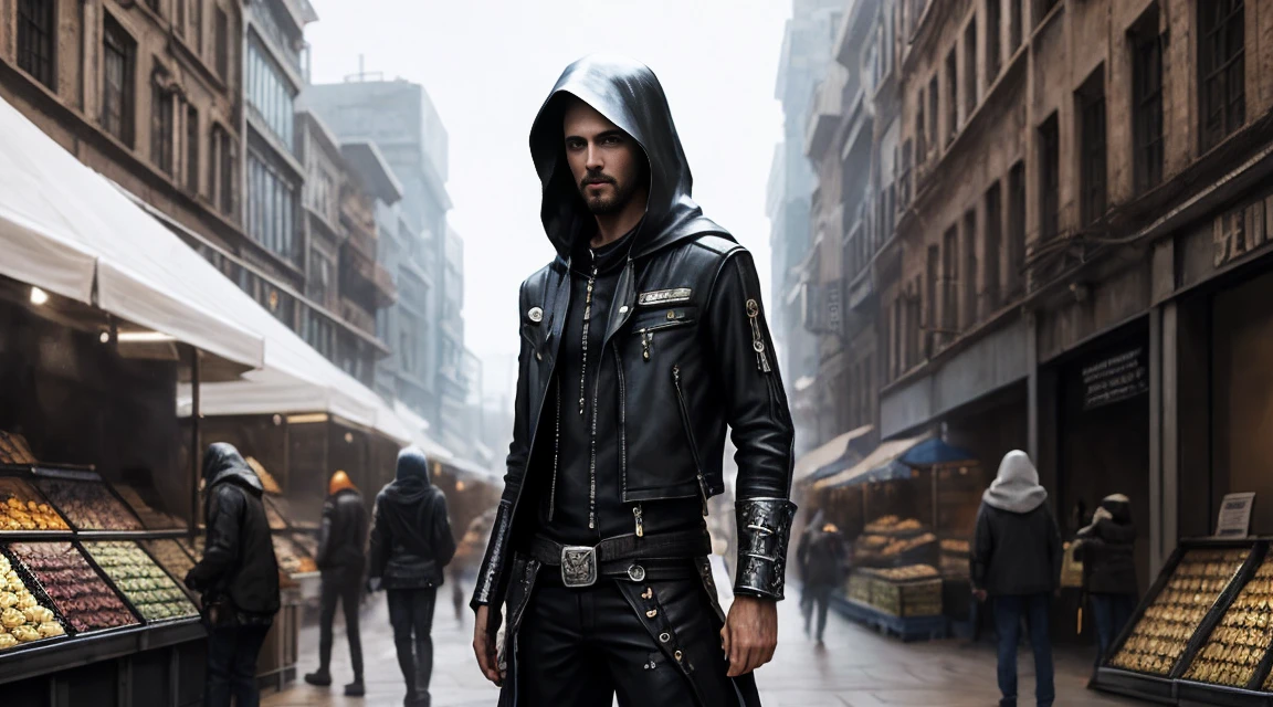 Very slim and tall space pirate in the market of a alien planet, suspicious look, hooded, hyperrealistic, metallic city shot