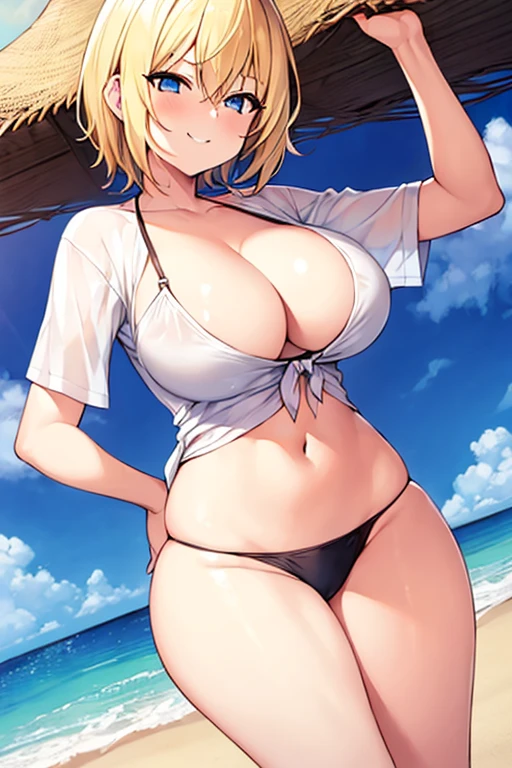 1girl, blonde hair, blonde hair, very short hair, short hair, blue eyes, beach, smirk, smile, smug, breasts, large breasts, wide hips, thick thighs, tomboy, spiked hair, shirt, white shirt, shirt lift, clothes lift, bikini, orange bikini, orange trim
