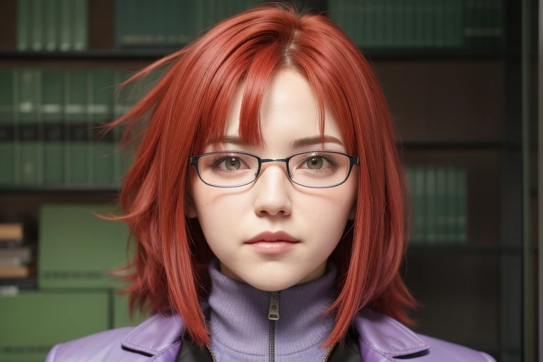 girl, red hair, left side of hair is spiky, glasses, red eyes, violett jacket, cute