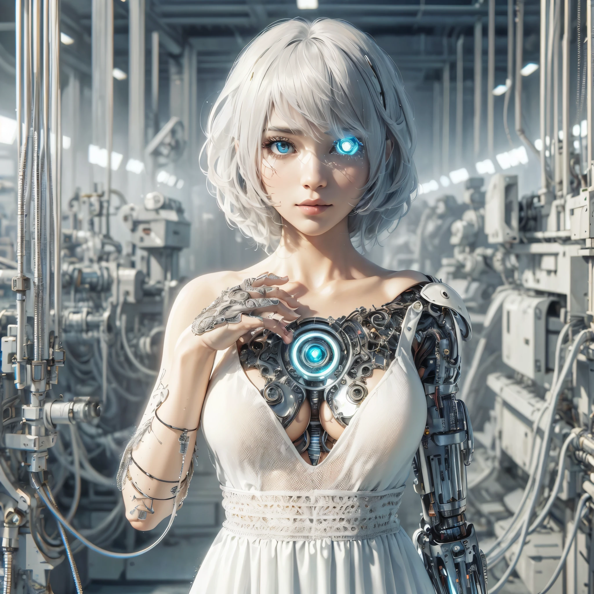 A close up of a woman in a white dress holding a robot - SeaArt AI